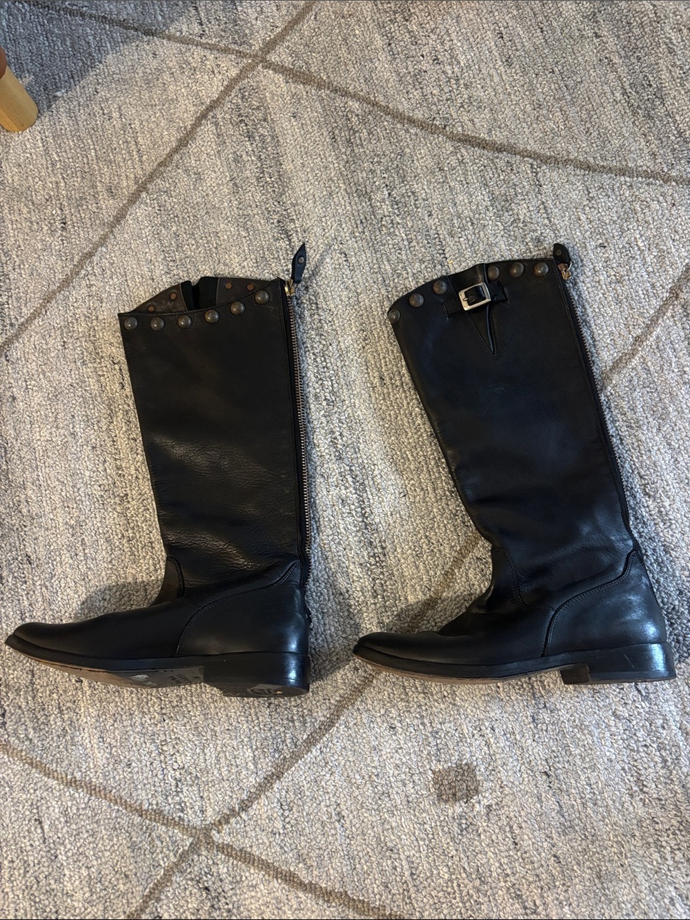 Black Leather Knee-High Buckle & Stud Riding Boots - Golden Goose - Vintage- 38